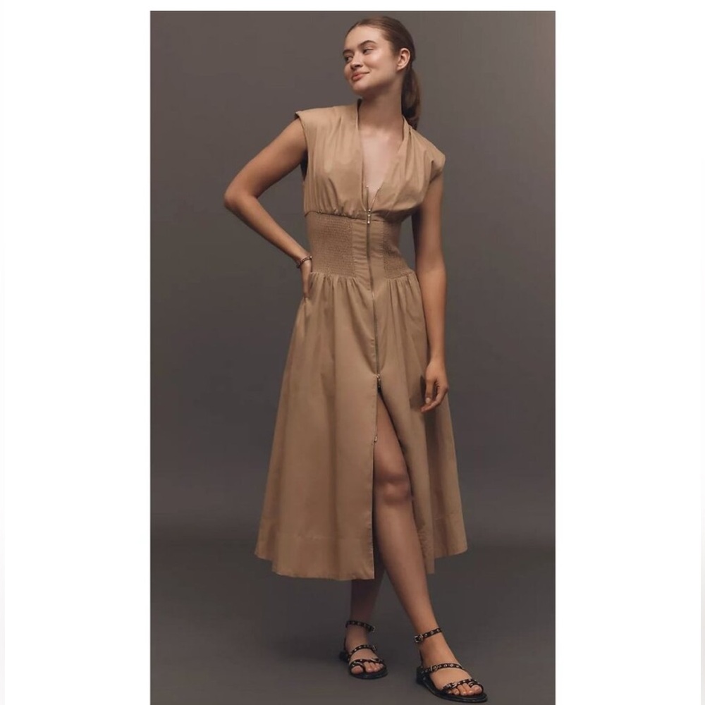 The Tommie Cap-Sleeve Smocked Front-Zip Shirt Dress